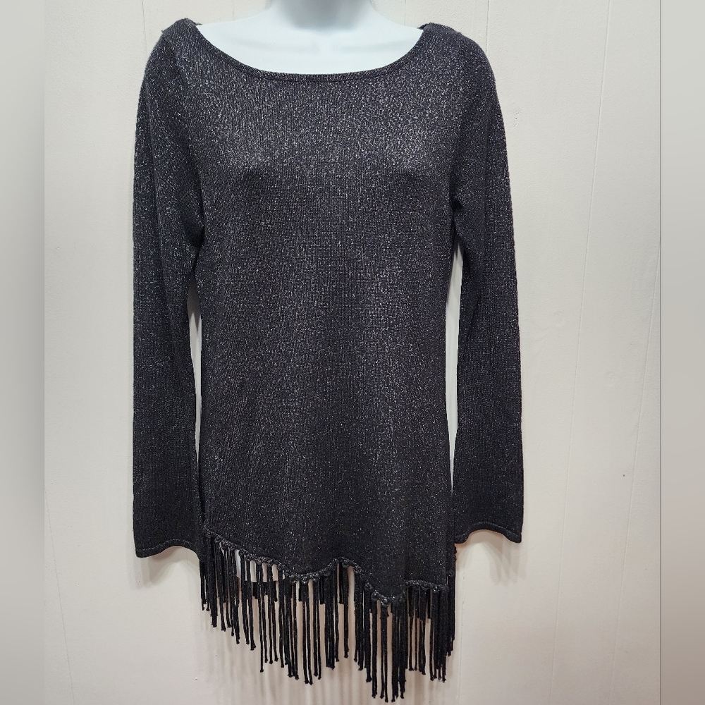WHBM Sweater Small Black Metallic Fringe Asymmetrical Hem Long Sleeves B424
